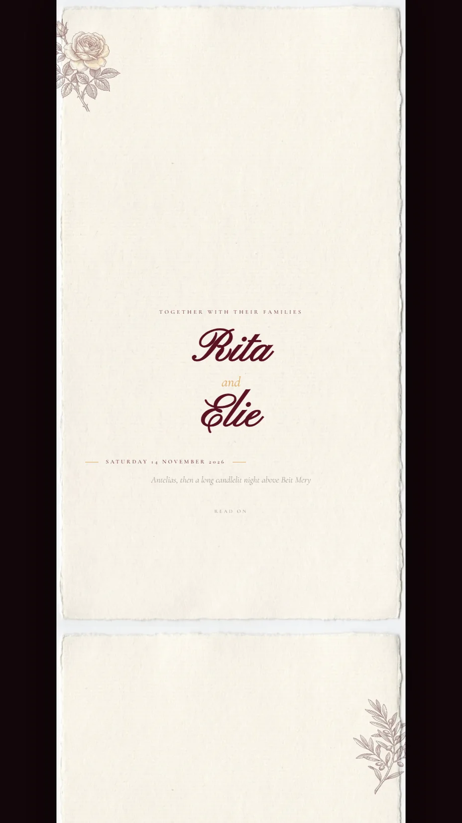 Candlelit Letter wedding invitation, script names on ivory paper with engraved florals