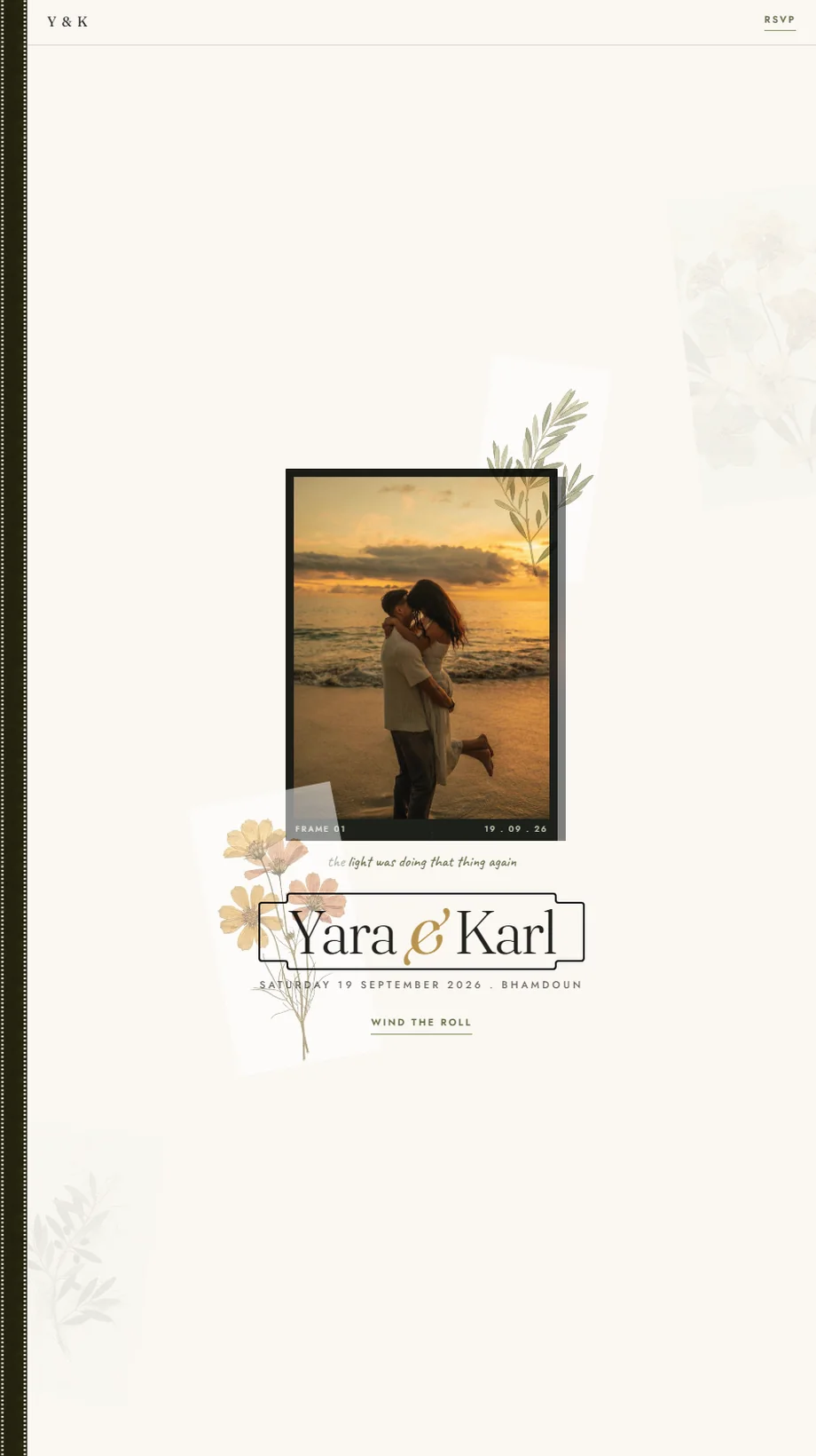 Film Diary wedding invitation, golden hour photo in a film frame with pressed flowers