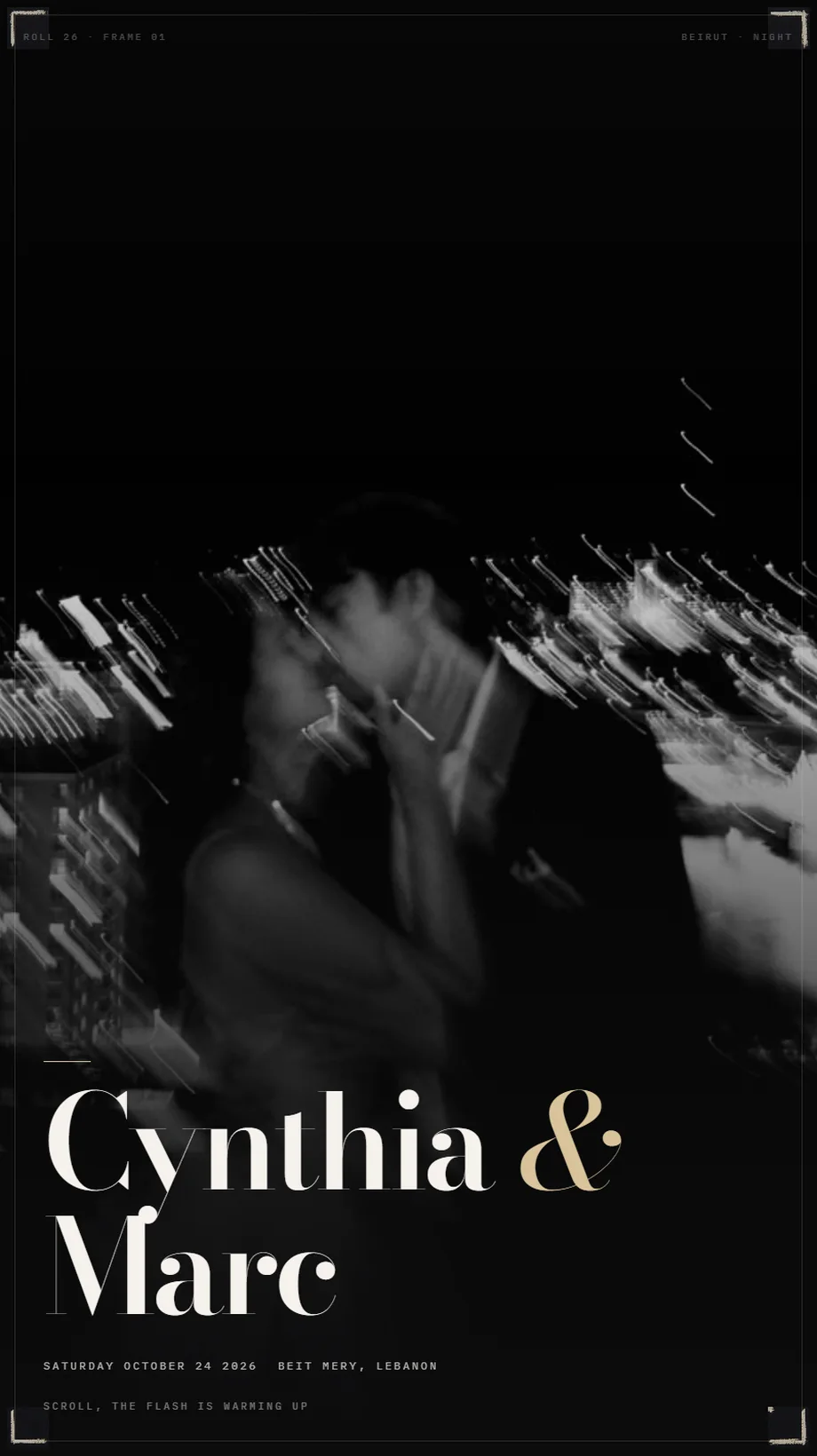 Paparazzi Noir wedding invitation, black and white flash photograph with serif names